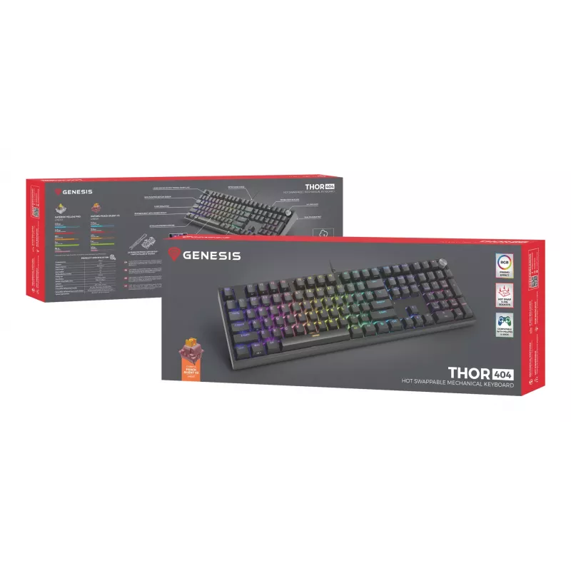 Klawiatura mechaniczna Genesis THOR 404 — pełnowymiarowa 100% USB QWERTY angielska, czarna, RGB