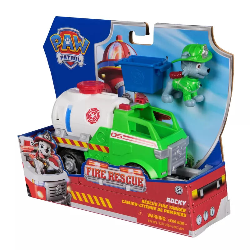 PAW Patrol Fire Rescue: Cysterna pożarnicza Rocky'ego z figurką akcji, chwytakiem i zabawkową ciężarówką, zabawki dla chłopców i dziewczynek od 3 lat