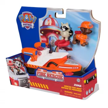 PAW Patrol Fire Rescue: Zuma Rescue Fire Boat z figurką, wyrzutnią koła ratunkowego, szopem i łódką, zabawki dla chłopców i dziewczynek od 3 lat