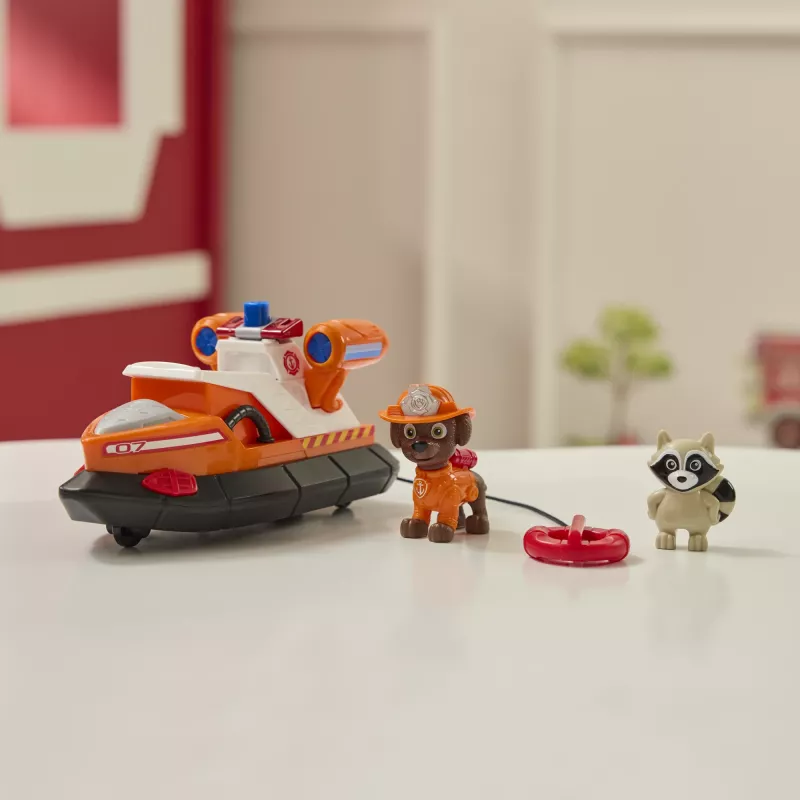 PAW Patrol Fire Rescue: Zuma Rescue Fire Boat z figurką, wyrzutnią koła ratunkowego, szopem i łódką, zabawki dla chłopców i dziewczynek od 3 lat