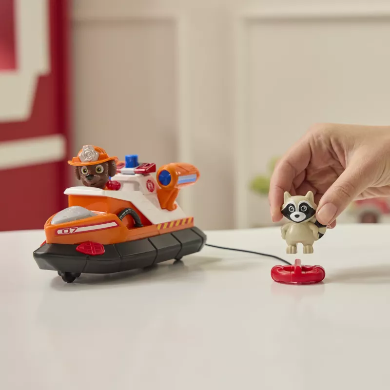 PAW Patrol Fire Rescue: Zuma Rescue Fire Boat z figurką, wyrzutnią koła ratunkowego, szopem i łódką, zabawki dla chłopców i dziewczynek od 3 lat