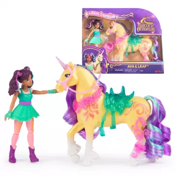 Mini lalka set Usorteret Unicorn Academy Ava & Leaf Power of Friendship z półprzezroczystym siodłem i 2 akcesoriami, 168 mm, plastik