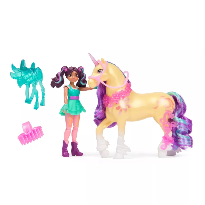 Mini lalka set Usorteret Unicorn Academy Ava & Leaf Power of Friendship z półprzezroczystym siodłem i 2 akcesoriami, 168 mm, plastik