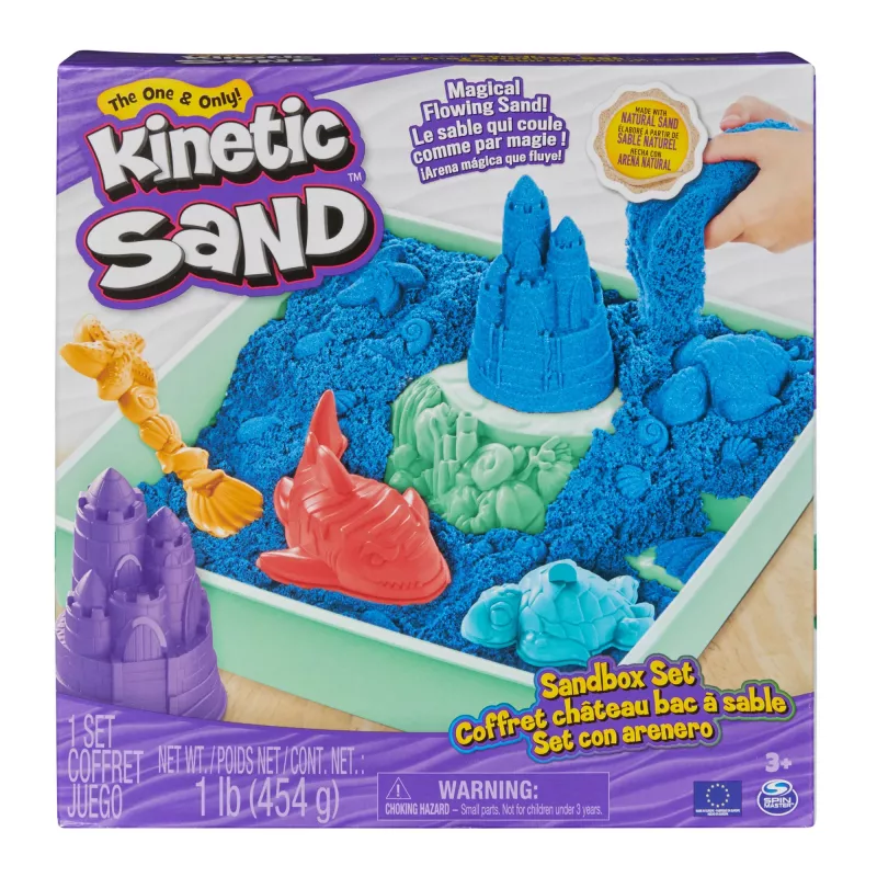 Kinetic Sand, Zestaw piaskownicy, Kreatywne prezenty wielkanocne, zawiera 1 funt niebieskiego formowalnego piasku do zabawy, 4 narzędzia i foremki, pojemnik do przechowywania, zabawki sensoryczne dla dzieci od 3 lat