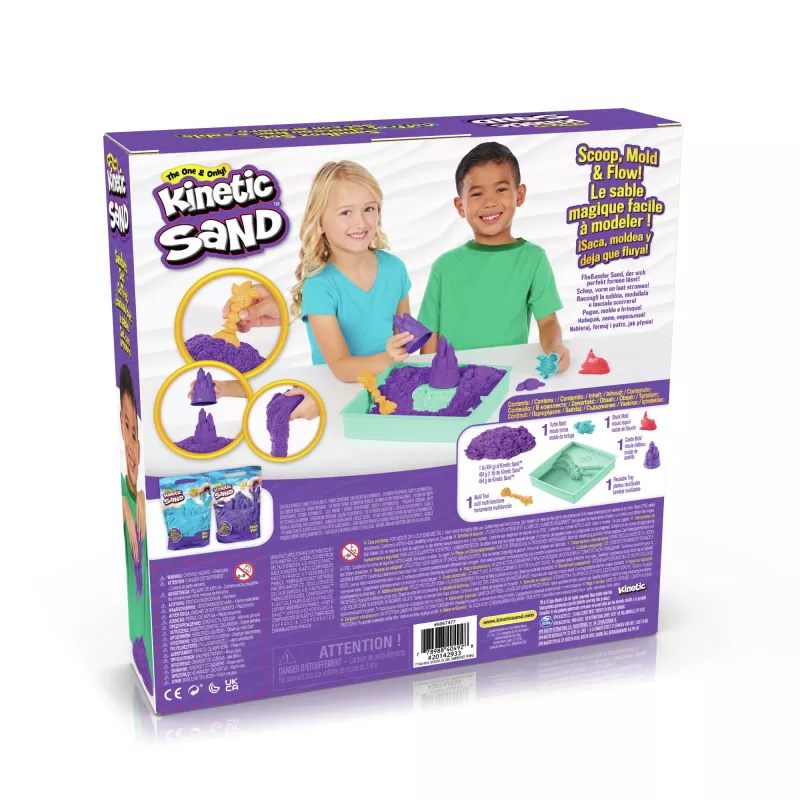 Kinetic Sand, Zestaw piaskownicy, Kreatywne prezenty wielkanocne, Zawiera 1 funt fioletowego formowalnego piasku do zabawy, 4 narzędzia i foremki, Przechowywanie, Zabawki sensoryczne dla dzieci od 3 lat