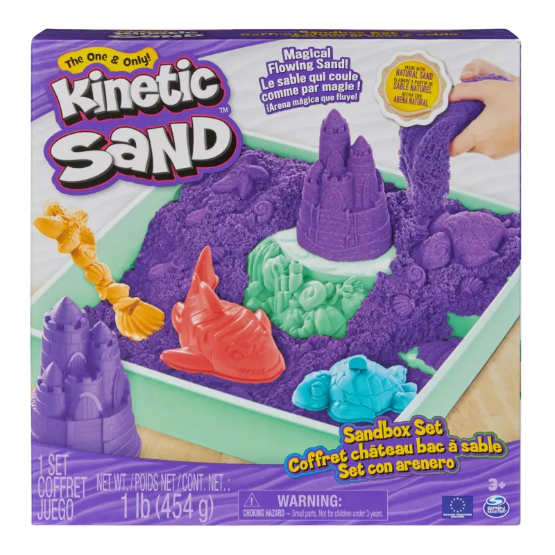 Kinetic Sand, Zestaw piaskownicy, Kreatywne prezenty wielkanocne, Zawiera 1 funt fioletowego formowalnego piasku do zabawy, 4 narzędzia i foremki, Przechowywanie, Zabawki sensoryczne dla dzieci od 3 lat