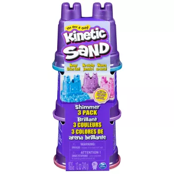 Kinetic Sand, Zestaw 3 opakowań Shimmer Sand z foremkami i 340g, Piasek kinetyczny dla dzieci, 4 lata, Nietoksyczny, Plastik, Niebieski, Różowy, Fioletowy
