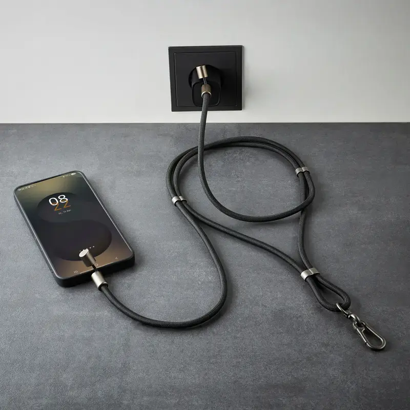 Intenso USB-C Ładująca Smycz Naszyjnik na Telefon Kabel 60W Szybkie Ładowanie Regulowana Długość 1,65m Nylon Czarny