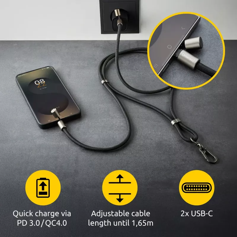 Intenso USB-C Ładująca Smycz Naszyjnik na Telefon Kabel 60W Szybkie Ładowanie Regulowana Długość 1,65m Nylon Czarny