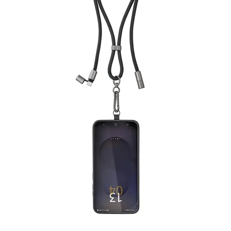 Intenso USB-C Ładująca Smycz Naszyjnik na Telefon Kabel 60W Szybkie Ładowanie Regulowana Długość 1,65m Nylon Czarny