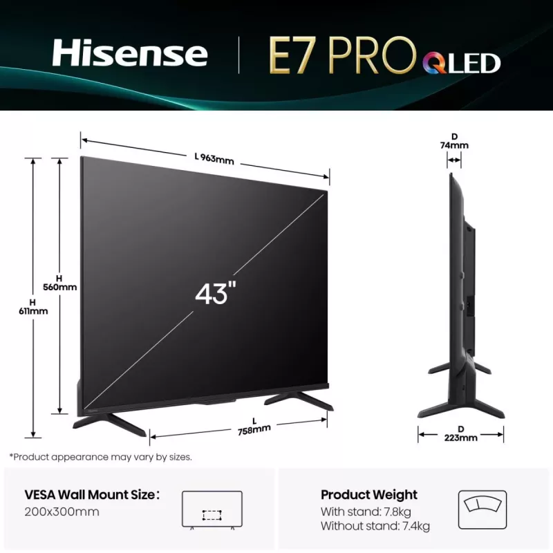 Hisense 43E77Q PRO 109.2 cm (43 cale) 4K Ultra HD Smart TV Wi-Fi Czarny