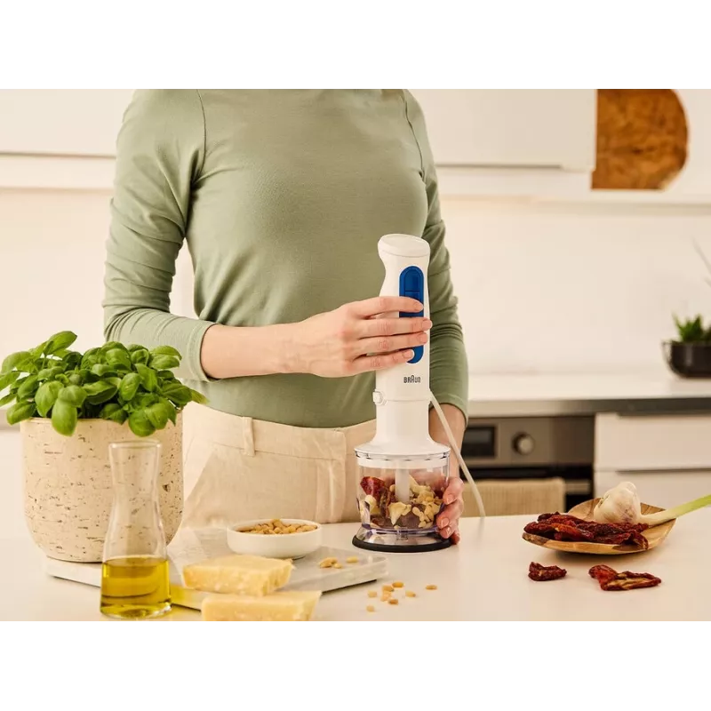 Blender ręczny Braun Household MultiQuick 3 MQ30202M, 900 W, biały/niebieski, z rozdrabniaczem i trzepaczką