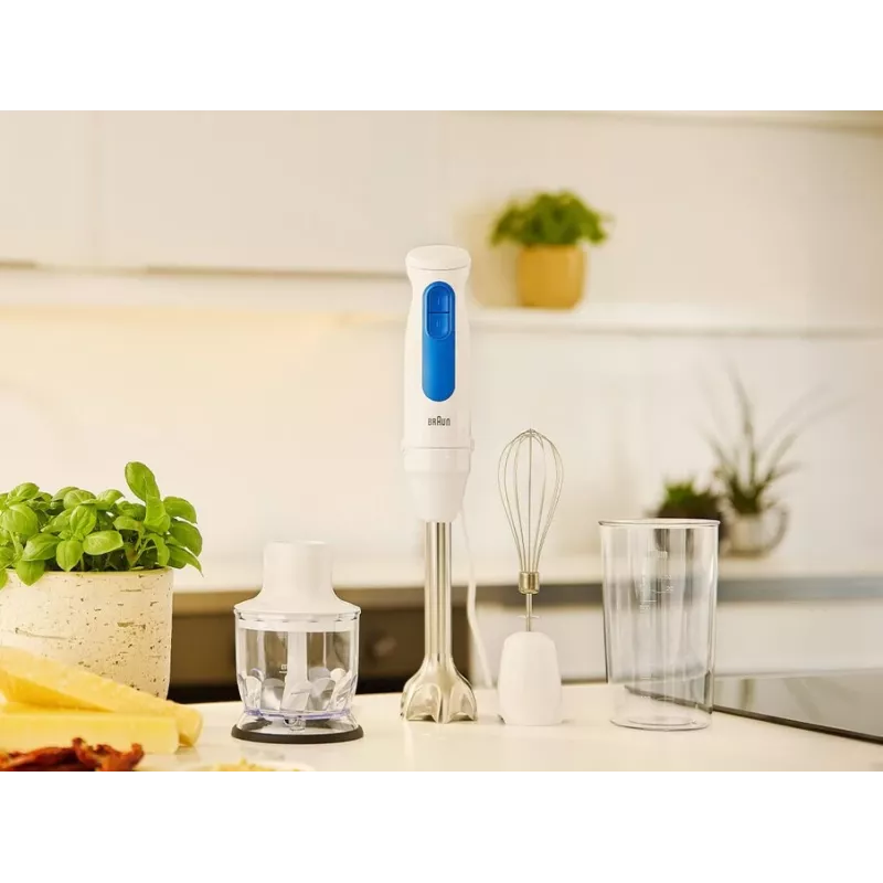 Blender ręczny Braun Household MultiQuick 3 MQ30202M, 900 W, biały/niebieski, z rozdrabniaczem i trzepaczką
