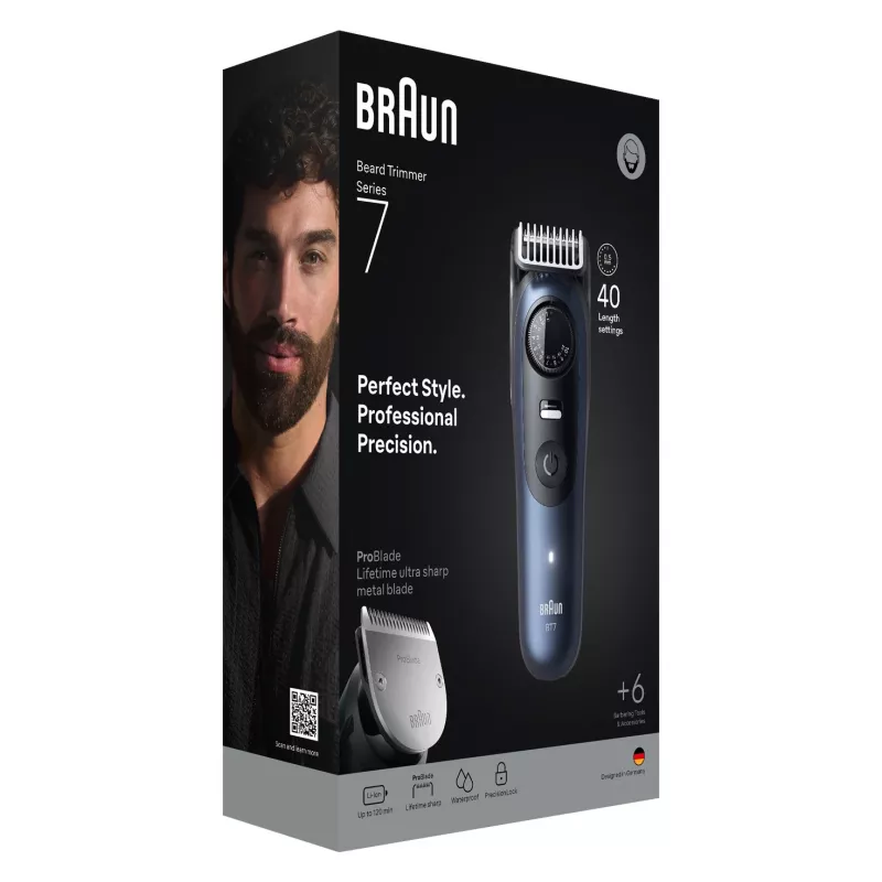 Braun BeardTrimmer 7 BT7520 Bateria 40 2 cm Wet & Dry Czarny, Niebieski
