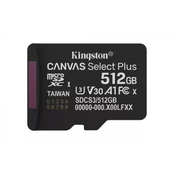 Kingston Technology 512GB micSDXC Canvas Select Plus Gen3 150R A1 pojedyncze opakowanie w/o ADP