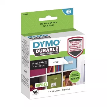 Autentyczne etykiety DYMO LabelWriter Durable | 25 mm x 54 mm | Biały polietylen | 160 etykiet samoprzylepnych | Wysoka wydajność | Do drukarek etykiet LabelWriter