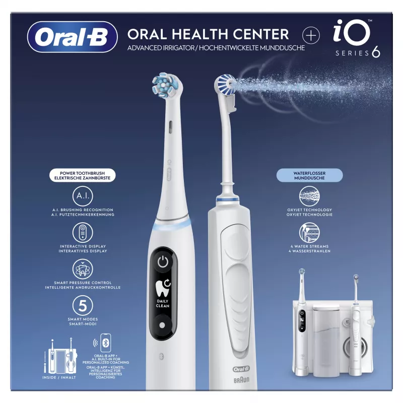 Obrotowo-oscylacyjna szczoteczka do zębów Oral-B iO6 biały dla dorosłych, zasilana baterią, 2 końcówki