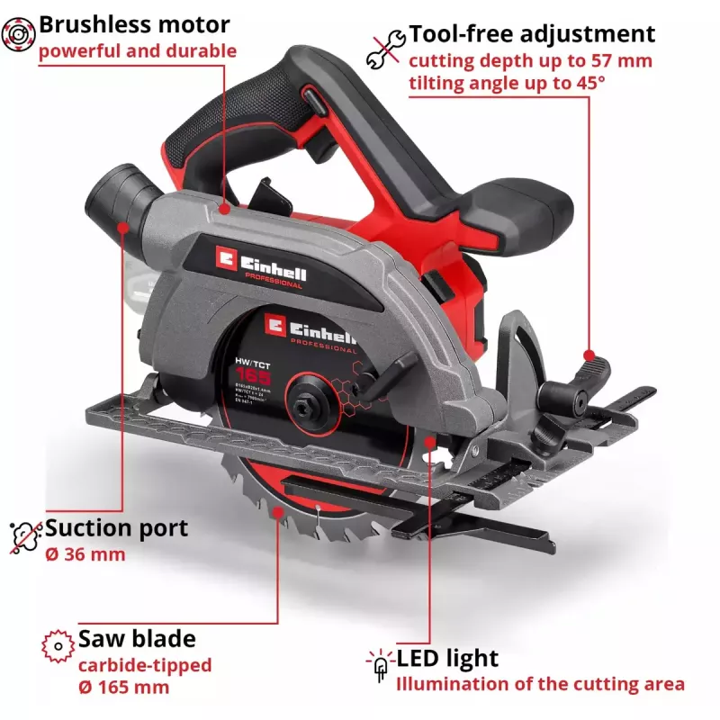 Akumulatorowa pilarka tarczowa EINHELL Professional TP-CS 18/165 Li BL, 18 V, solo (bez akumulatora/ładowarki)