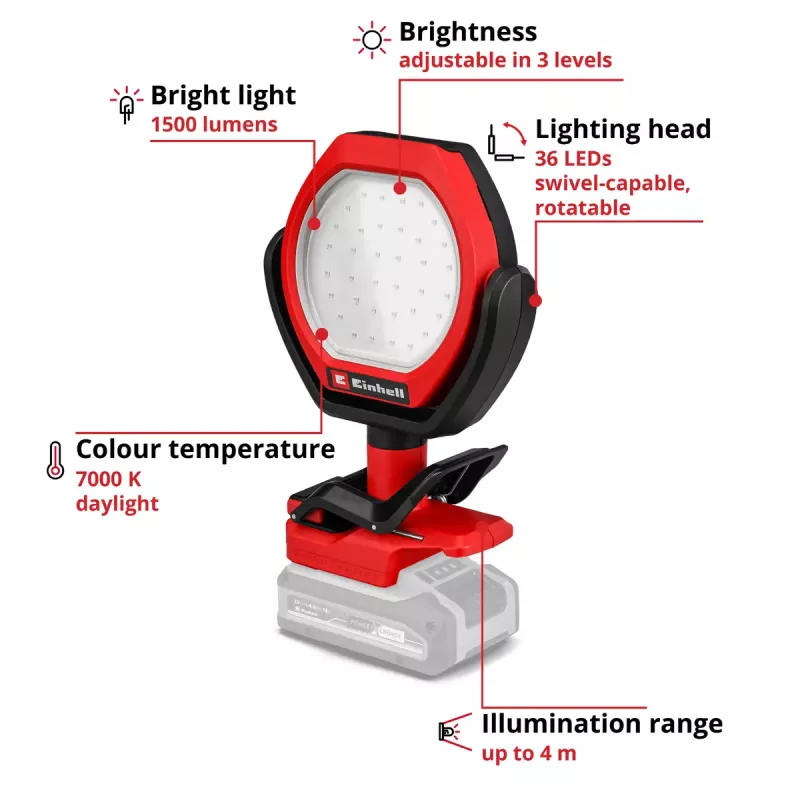 Lampa zewnętrzna akumulatorowa EINHELL GC-OL 18/1500 Li‑Solo — światło LED, bateria i ładowarka nie są dołączone