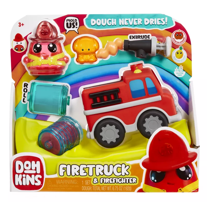 MGA Entertainment DohKins Wóz strażacki i strażak, Zestaw masy plastycznej, Wielokolorowy, Dziecko, Chłopiec/Dziewczynka, 3 lat(a), 99 lat(a)