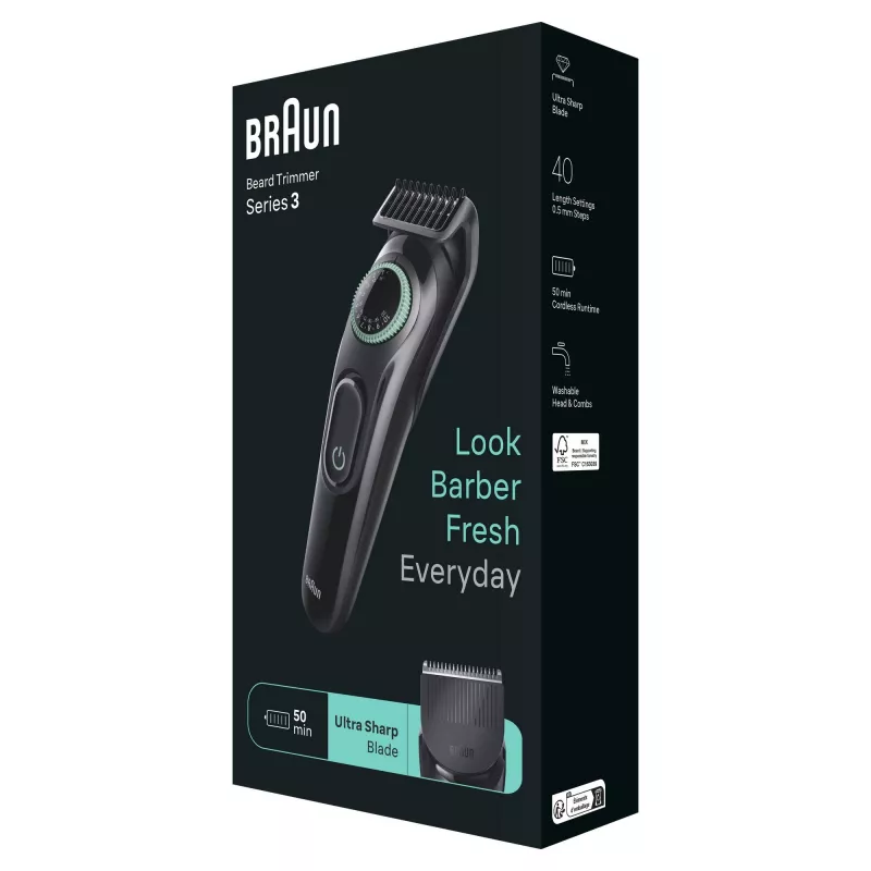 Braun BeardTrimmer 3 BT3411 Bateria 40 2 cm Czarny, Zielony