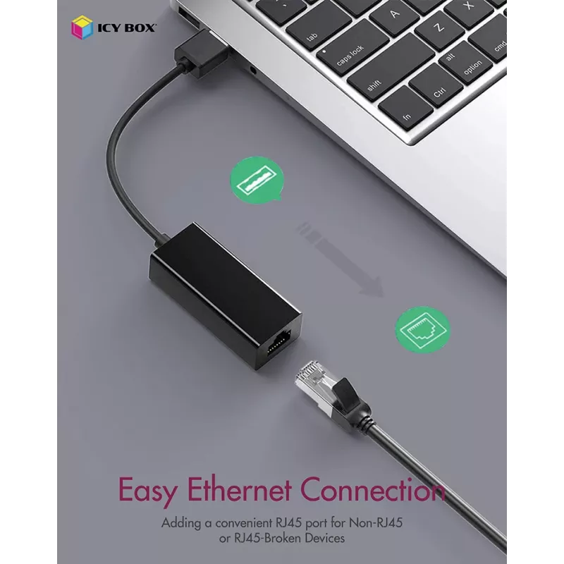 ICY BOX USB 3.0 A-Type do portu RJ-45 Ethernet, Przewodowy, USB, Ethernet, 1000 Mbit/s, Czarny
