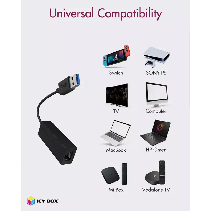 ICY BOX USB 3.0 A-Type do portu RJ-45 Ethernet, Przewodowy, USB, Ethernet, 1000 Mbit/s, Czarny