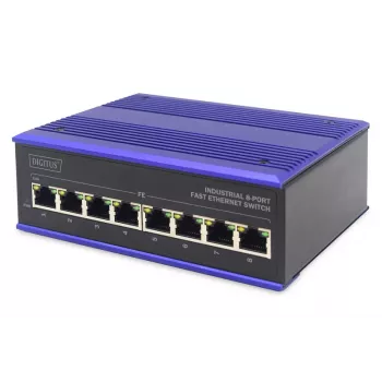 DIGITUS Przemysłowy 8-portowy przełącznik Fast Ethernet na szynę DIN, rozszerzony zakres temperatur