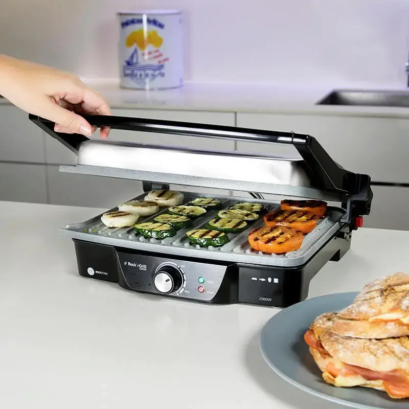 Grill kontaktowy CECOTEC Rock'nGrill 2000 — 2000 W, prostokątny, czarny/stal nierdzewna, regulowany termostat, 340×330×130 mm