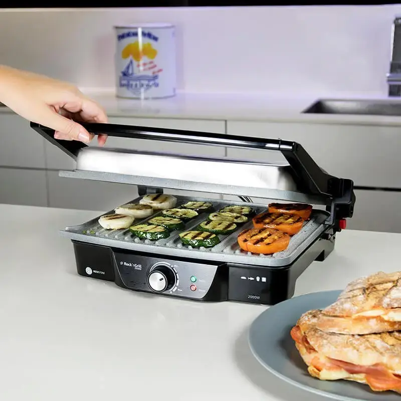 Grill kontaktowy CECOTEC Rock'nGrill 2000 — 2000 W, prostokątny, czarny/stal nierdzewna, regulowany termostat, 340×330×130 mm
