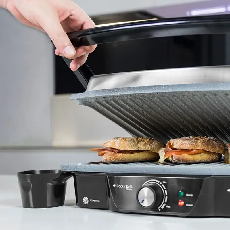 Grill kontaktowy CECOTEC Rock'nGrill 2000 — 2000 W, prostokątny, czarny/stal nierdzewna, regulowany termostat, 340×330×130 mm