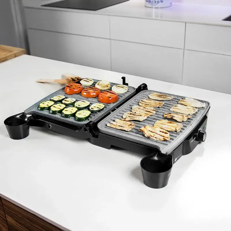 Grill kontaktowy CECOTEC Rock'nGrill 2000 — 2000 W, prostokątny, czarny/stal nierdzewna, regulowany termostat, 340×330×130 mm