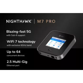 Router sieci komórkowej Netgear Nighthawk M7 Pro — Trójzakresowe Wi‑Fi 2.4/5/6 GHz, 5G Sub6, LTE, Gigabit Ethernet, USB-C, przenośny, czarny