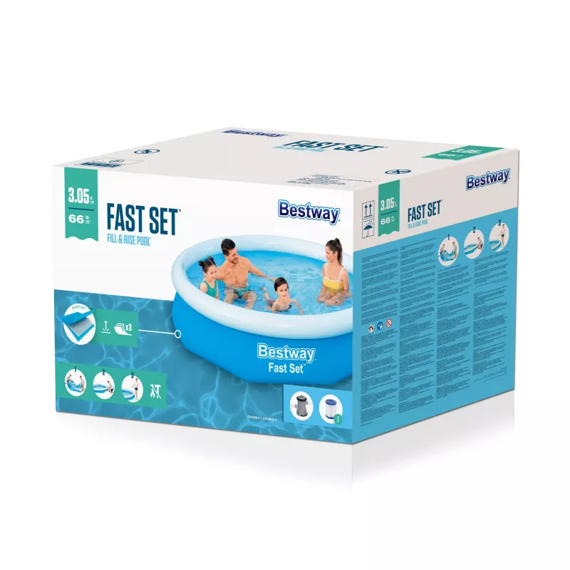 Bestway Fast Set Okrągły basen dmuchany zestaw 3,05 m x 66 cm, 3200 L, basen dmuchany, dla dzieci i dorosłych, niebieski, biały, 9,26 kg