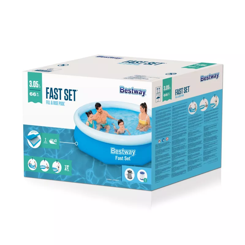 Bestway Fast Set Okrągły basen dmuchany zestaw 3,05 m x 66 cm, 3200 L, basen dmuchany, dla dzieci i dorosłych, niebieski, biały, 9,26 kg