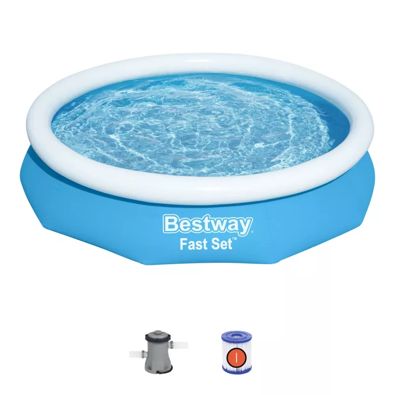 Bestway Fast Set Okrągły basen dmuchany zestaw 3,05 m x 66 cm, 3200 L, basen dmuchany, dla dzieci i dorosłych, niebieski, biały, 9,26 kg