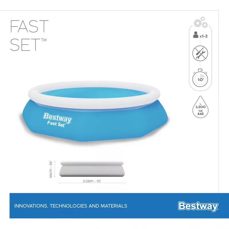 Bestway Fast Set Okrągły basen dmuchany zestaw 3,05 m x 66 cm, 3200 L, basen dmuchany, dla dzieci i dorosłych, niebieski, biały, 9,26 kg