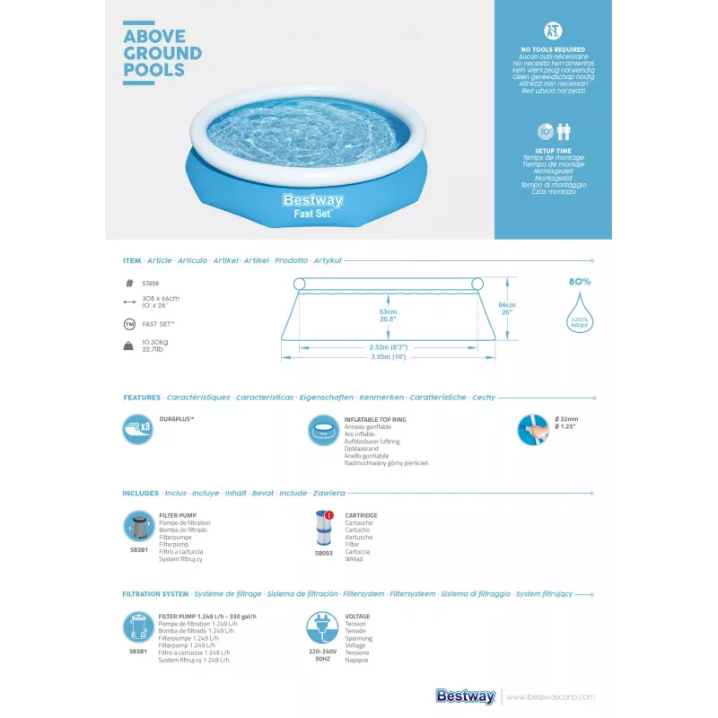 Bestway Fast Set Okrągły basen dmuchany zestaw 3,05 m x 66 cm, 3200 L, basen dmuchany, dla dzieci i dorosłych, niebieski, biały, 9,26 kg
