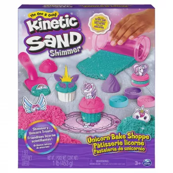 Kinetic Sand Shimmer, zestaw Unicorn Bake Shoppe, 16 uncji (mieniący się turkus i różowy neon), 8 jednorożcowych narzędzi, zabawki sensoryczne dla dzieci od 3 lat