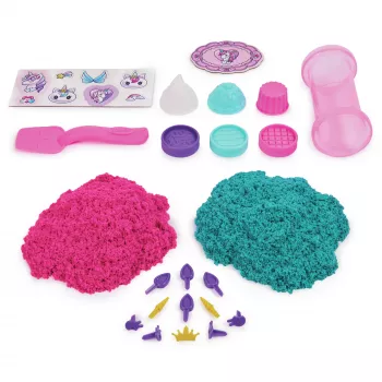 Kinetic Sand Shimmer, zestaw Unicorn Bake Shoppe, 16 uncji (mieniący się turkus i różowy neon), 8 jednorożcowych narzędzi, zabawki sensoryczne dla dzieci od 3 lat
