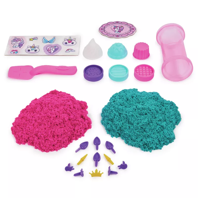 Kinetic Sand Shimmer, zestaw Unicorn Bake Shoppe, 16 uncji (mieniący się turkus i różowy neon), 8 jednorożcowych narzędzi, zabawki sensoryczne dla dzieci od 3 lat