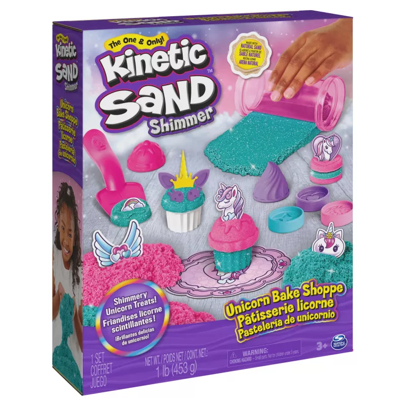 Kinetic Sand Shimmer, zestaw Unicorn Bake Shoppe, 16 uncji (mieniący się turkus i różowy neon), 8 jednorożcowych narzędzi, zabawki sensoryczne dla dzieci od 3 lat