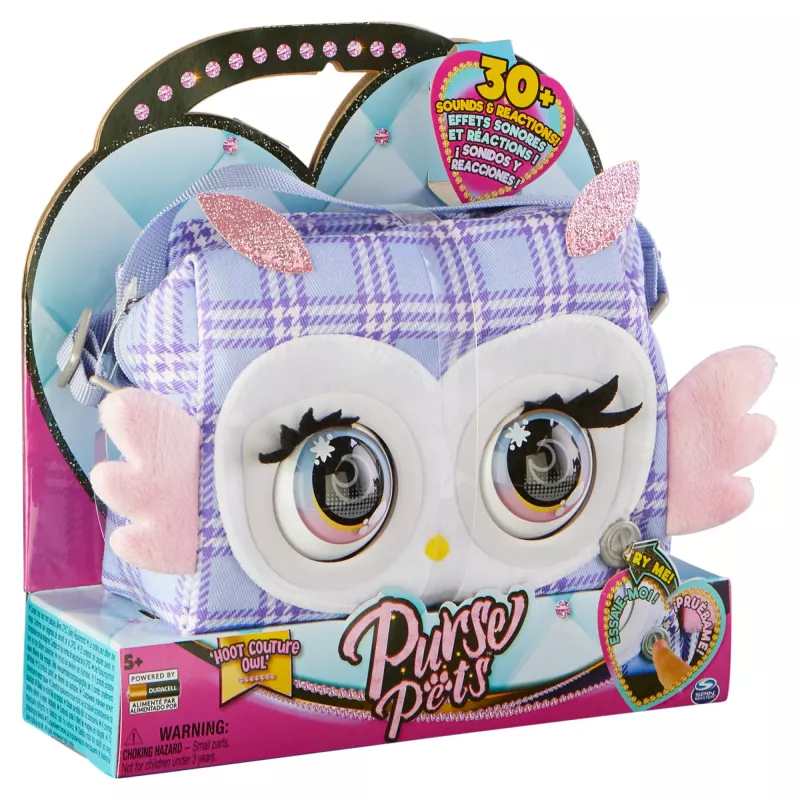 Purse Pets, Print Perfect Hoot Couture Owl, interaktywna zabawka-zwierzak i torebka z ponad 30 dźwiękami i reakcjami, zabawki dla dziewczynek od 5 lat
