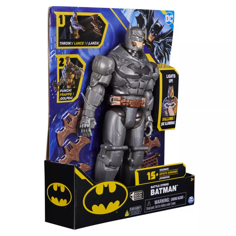 DC Comics , Battle Strike Batman 12-calowa figurka akcji, 5 akcesoriów, 20+ dźwięków, kolekcjonerskie zabawki dla dzieci dla chłopców i dziewczynek od 3 lat
