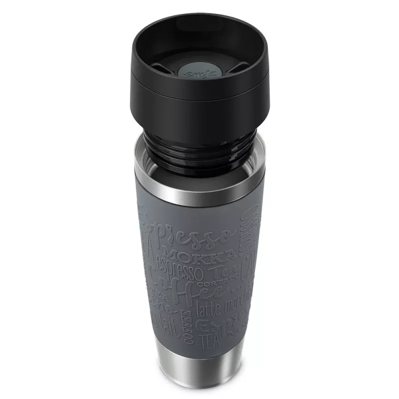 Kubek termiczny EMSA Classic Grande 500 ml — szary, stal nierdzewna, silikonowa osłona, polipropylenowa pokrywka, Ø 8,3 cm × 240 mm