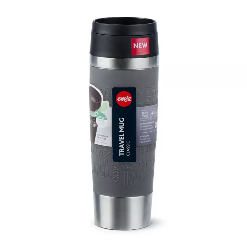 Kubek termiczny EMSA Classic Grande 500 ml — szary, stal nierdzewna, silikonowa osłona, polipropylenowa pokrywka, Ø 8,3 cm × 240 mm