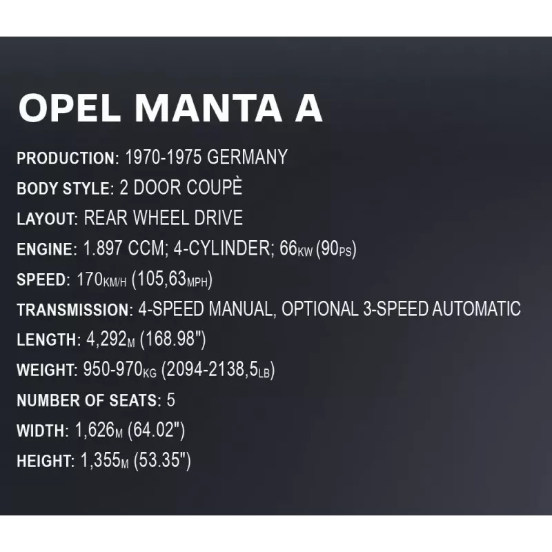 Zabawka konstrukcyjna Cobi Opel Manta A 1970 model w skali 1:12, zestaw klocków