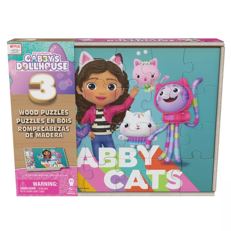 Gry Gabby’s Dollhouse, 3 drewniane puzzle 24-elementowe z drewnianym pudełkiem do przechowywania, puzzle dla dzieci, dla przedszkolaków w wieku 3+