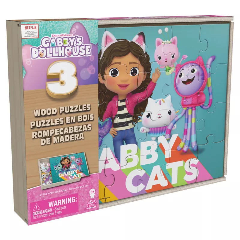 Gry Gabby’s Dollhouse, 3 drewniane puzzle 24-elementowe z drewnianym pudełkiem do przechowywania, puzzle dla dzieci, dla przedszkolaków w wieku 3+