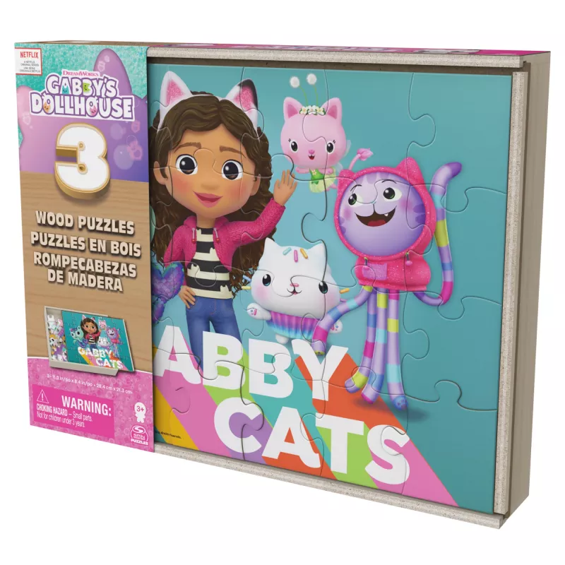 Gry Gabby’s Dollhouse, 3 drewniane puzzle 24-elementowe z drewnianym pudełkiem do przechowywania, puzzle dla dzieci, dla przedszkolaków w wieku 3+